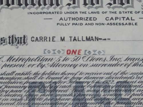 1922 Metropolitan 5 to 50c Store inc, Stock Certificate, 1 Shares, B10710