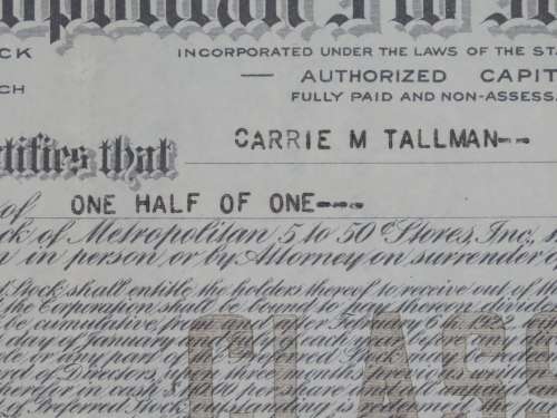 1922 Metropolitan 5 to 50c Store inc, Stock Certificate, Half Shares, 10682