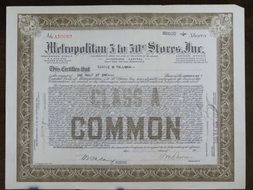 1922 Metropolitan 5 to 50c Store inc, Stock Certificate, Half Shares, 10682