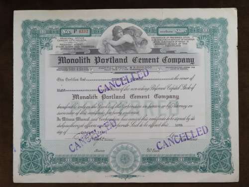 1923 Monolith Portland Cement Company, Stock Certificate, 8 Shares, 4332