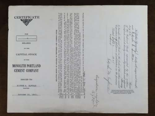 1923 Monolith Portland Cement Company, Stock Certificate, 8 Shares, 4332