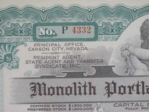 1923 Monolith Portland Cement Company, Stock Certificate, 8 Shares, 4332
