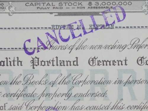 1923 Monolith Portland Cement Company, Stock Certificate, 8 Shares, 4332