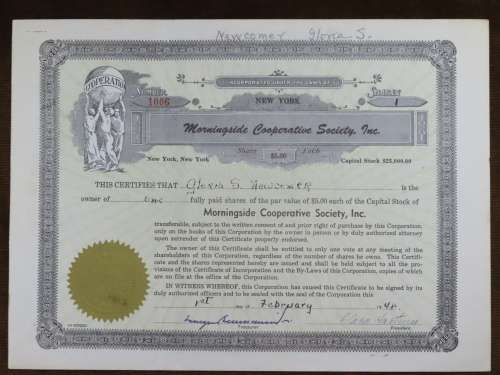1948 Morningside Cooperative Society Inc, Stock Certificate, 1 Shares, 1006