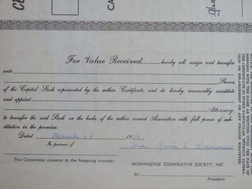 1948 Morningside Cooperative Society Inc, Stock Certificate, 1 Shares, 1006
