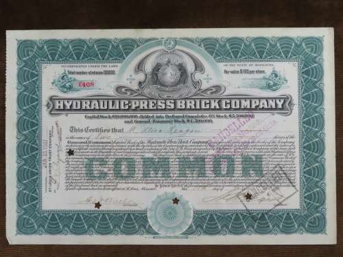 1907 Hydraulic-Press Brick Company, Stock Certificate, 2 Shares, C408