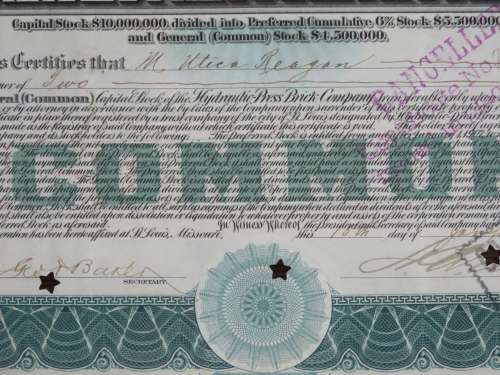 1907 Hydraulic-Press Brick Company, Stock Certificate, 2 Shares, C408