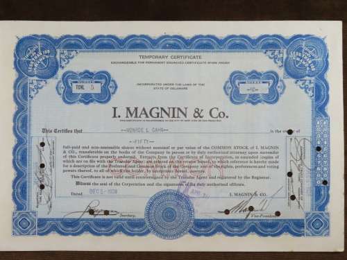 1928 I Magnin and Company, Stock Certificate, 50 Shares, 5