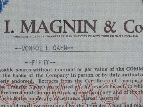 1928 I Magnin and Company, Stock Certificate, 50 Shares, 5