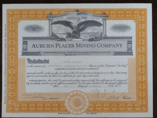1930 Auburn Placer Mining Company, Stock Certificate, 2000 Shares, 17