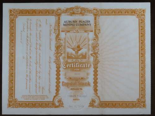 1930 Auburn Placer Mining Company, Stock Certificate, 2000 Shares, 17