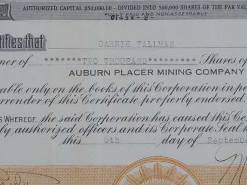 1930 Auburn Placer Mining Company, Stock Certificate, 2000 Shares, 17