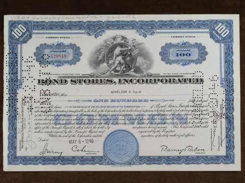 1946 Bond Stores Incorporated, Stock Certificate, 100 Shares, C20849