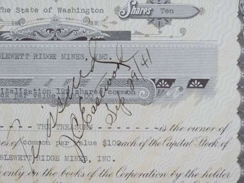 1941 Blewett Ridge Mines, Stock Certificate, 10 Shares, 8