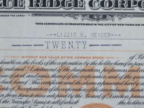 1931 Blue Ridge Corporation, Stock Certificate, 20 Shares, 26655