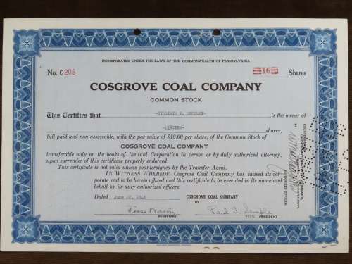 1948 Cosgrove Coal Company, Stock Certificate, 16 Shares, 205