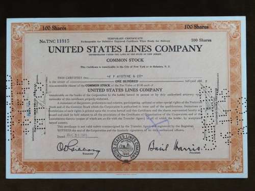 1943 United States Lines Company, Stock Certificate, 100 Shares, 11915