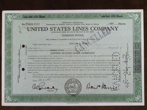 1943 United States Lines Company, Stock Certificate, 30 Shares, 1702