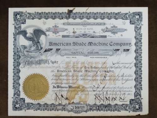 1906 American Shade Machine Company, Stock Certificate, 1588 Shares, 58