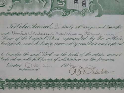 1906 American Shade Machine Company, Stock Certificate, 1588 Shares, 58