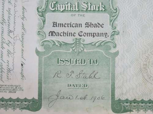 1906 American Shade Machine Company, Stock Certificate, 1588 Shares, 58