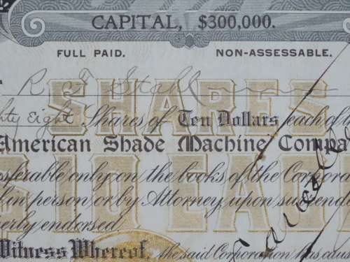 1906 American Shade Machine Company, Stock Certificate, 1588 Shares, 58