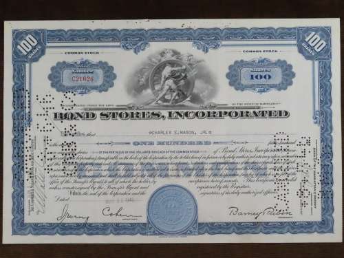 1946 Bond Stores Incorporated, Stock Certificate, 100 Shares, C21626