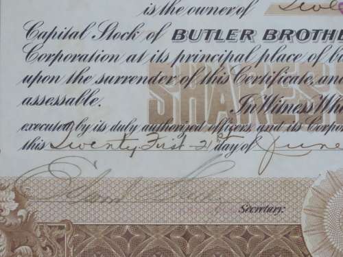 1919 Butler Brothers, Stock Certificate, 25 Shares, B21424
