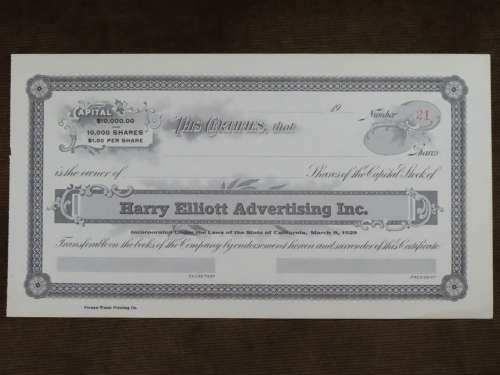 1929 Harry Elliott Advertising Inc, Stock Certificate,  Shares, Unissued