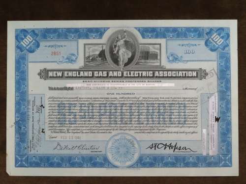 1946 New England Gas and Electric Association, Stock Certificate, 100 Shares, 2851