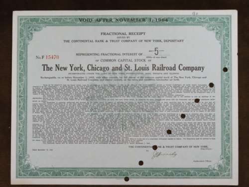 1947 New York Chicago and St Louis Railroad Company, Stock Certificate, 5 Shares, 15470