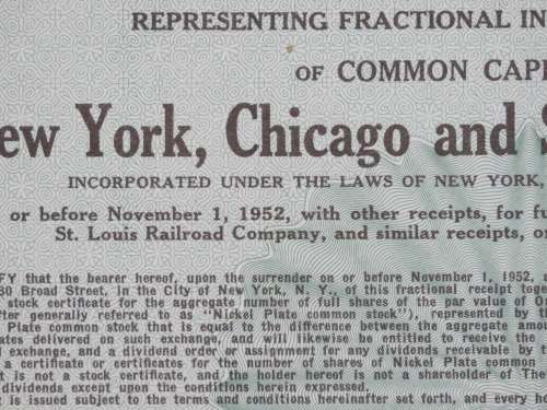 1947 New York Chicago and St Louis Railroad Company, Stock Certificate, 5 Shares, 15470