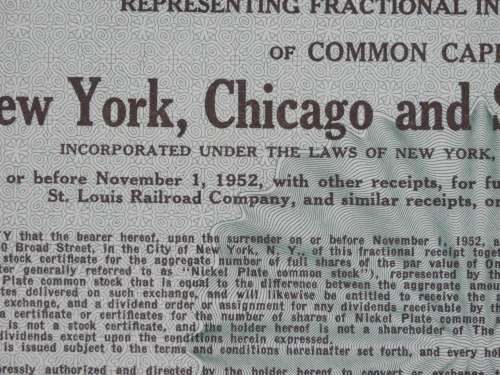 1947 New York Chicago and St Louis Railroad Company, Stock Certificate, 25 Shares, 61887