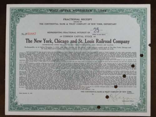 1947 New York Chicago and St Louis Railroad Company, Stock Certificate, 25 Shares, 61887