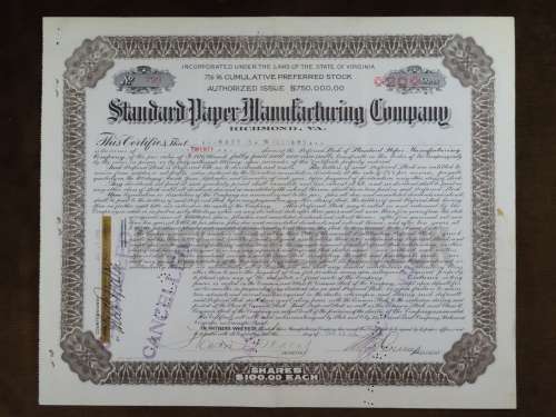 1935 Standard Paper Manufacturing Company, Stock Certificate, 20 Shares, 799