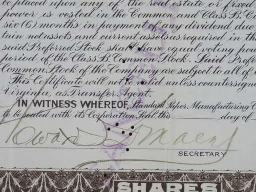 1935 Standard Paper Manufacturing Company, Stock Certificate, 20 Shares, 799