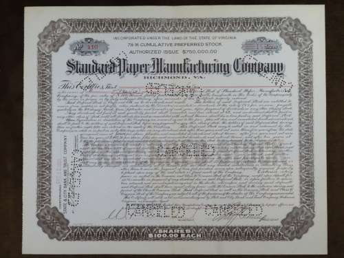 1924 Standard Paper Manufacturing Company, Stock Certificate, 15 Shares, 110