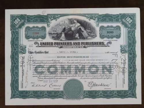 1937 United Printers and Publishers, Stock Certificate, 100 Shares, C444