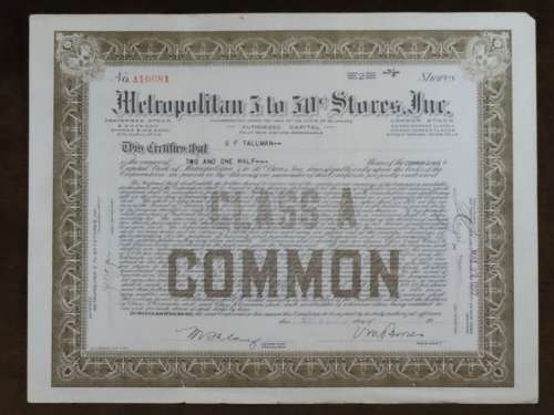 1922 Metropolitan 5 to 50c Stores, Stock Certificate, 2.5 Shares, 10681
