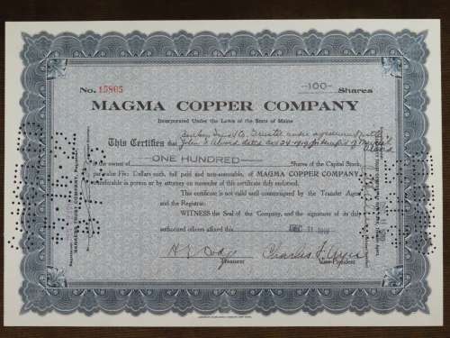 1919 Magma Copper Company, Stock Certificate, 100 Shares, 15865