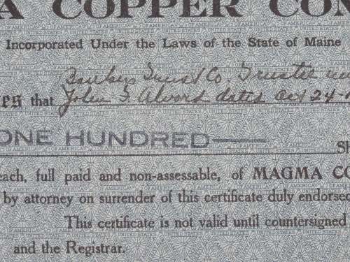 1919 Magma Copper Company, Stock Certificate, 100 Shares, 15865