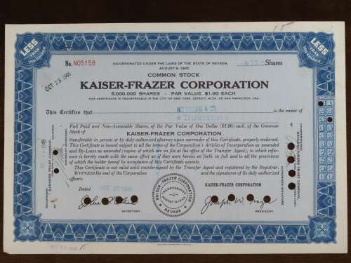 1945 Kaiser Frazer Corporation, Stock Certificate, 13 Shares, 05158