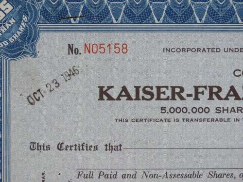 1945 Kaiser Frazer Corporation, Stock Certificate, 13 Shares, 05158