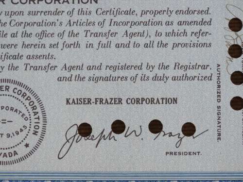 1945 Kaiser Frazer Corporation, Stock Certificate, 13 Shares, 05158