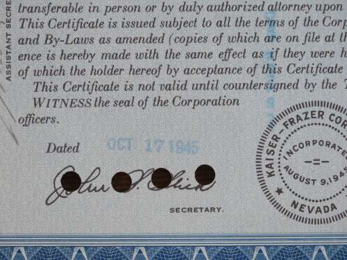 1945 Kaiser Frazer Corporation, Stock Certificate, 13 Shares, 05158