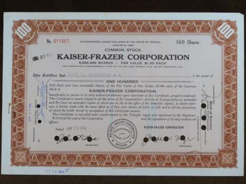 1946 Kaiser Frazer Corporation, Stock Certificate, 100 Shares, S11957