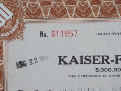 1946 Kaiser Frazer Corporation, Stock Certificate, 100 Shares, S11957