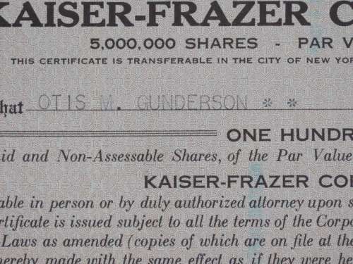 1946 Kaiser Frazer Corporation, Stock Certificate, 100 Shares, S11957