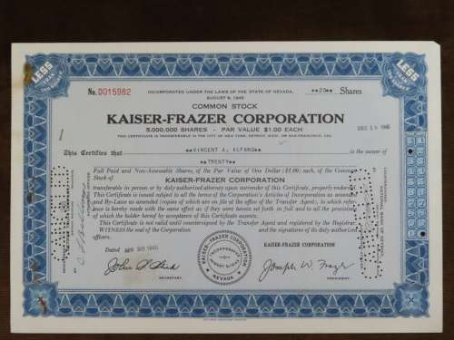 1946 Kaiser Frazer Corporation, Stock Certificate, 20 Shares, 15982
