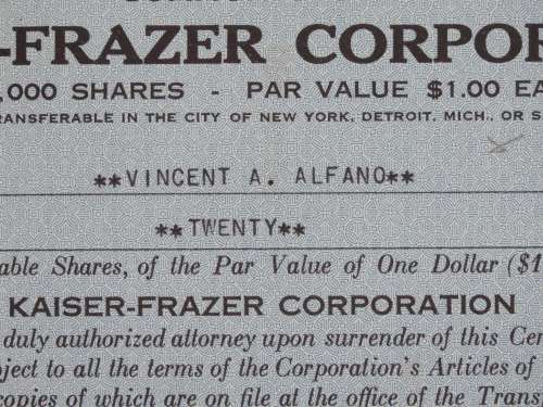 1946 Kaiser Frazer Corporation, Stock Certificate, 20 Shares, 15982